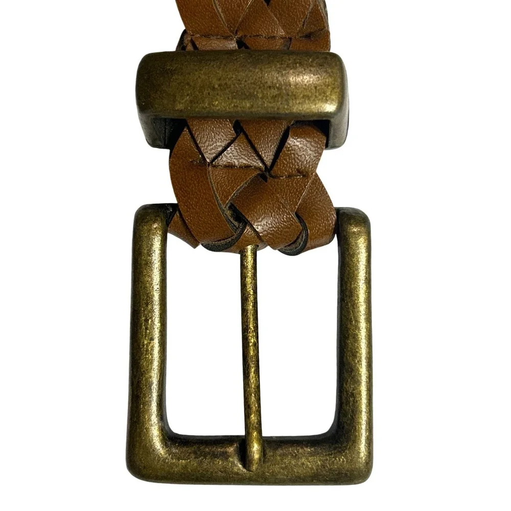 Brown Braided Leather Belt Weathered Brass Buckle Western Boho Up To‎ 37